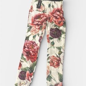 Dolce & Gabbana Cream Floral Skinny Pants with Pink & Green Blooms